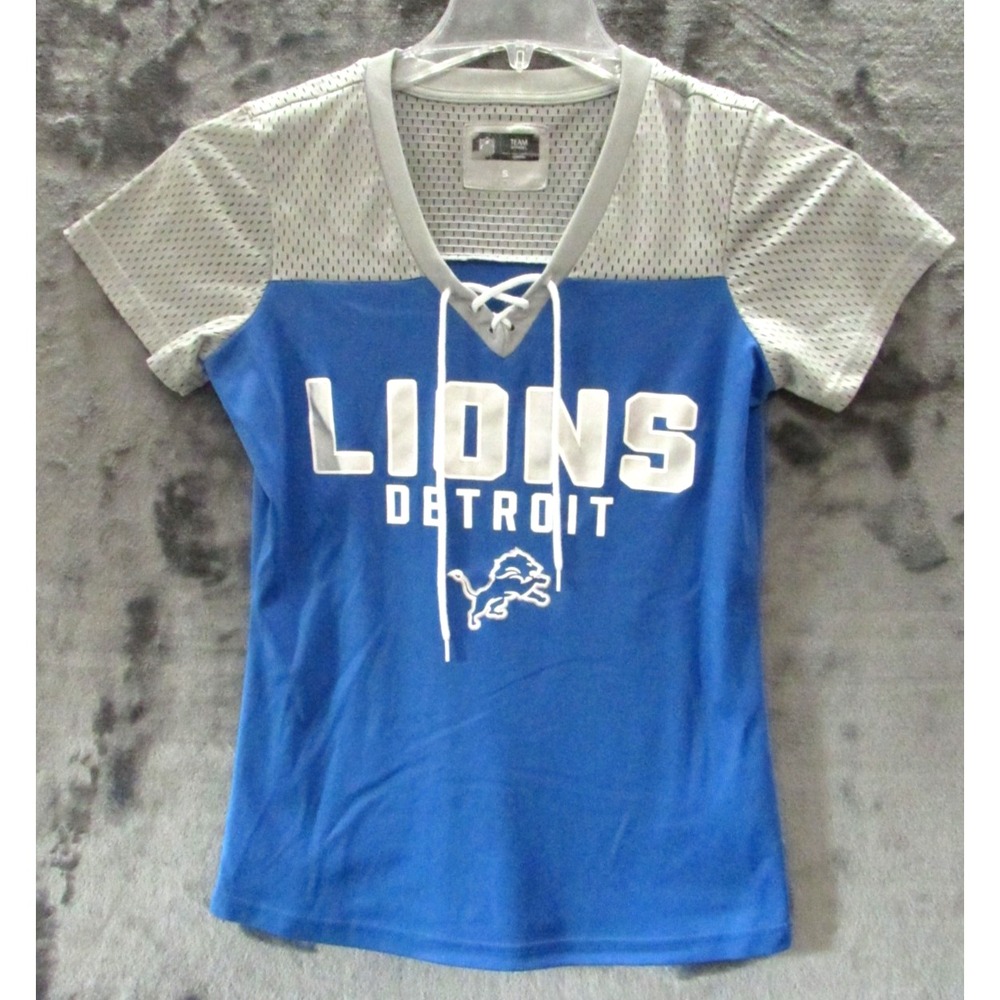 NFL Team Apparel Detroit Lions Shirt Womens S Small Blue Mesh Tie Sexy